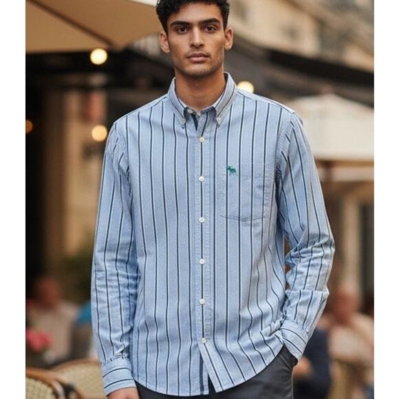 Abercrombie & Fitch Shirt Mens Size M Striped Muscle Button Collar Logo Office - Picture 1 of 9